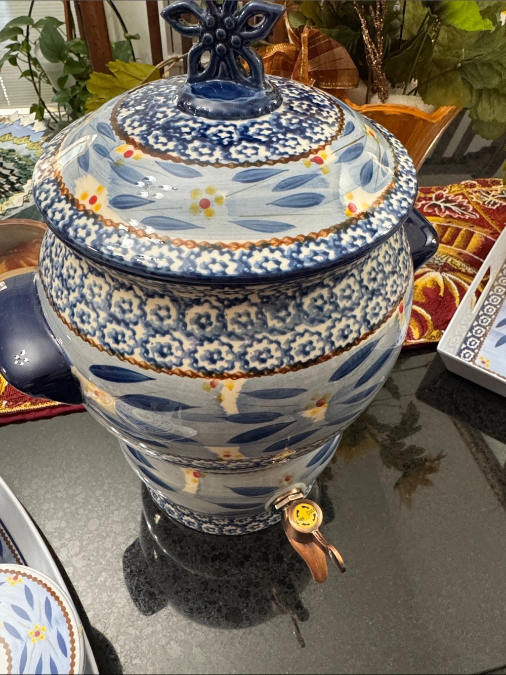 Temptations Old World Blue Ceramic Samovar Beverage Dispenser